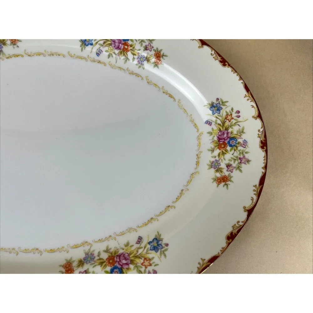 VTG Japanese T Marked Porcelain Platter 14x10.5” Floral Gold Trim Made‎ In Japan